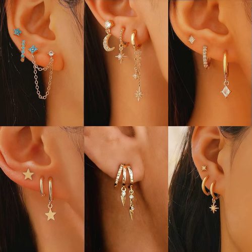 Fashion zircon star Moon asymmetric earrings set of 3 pieces