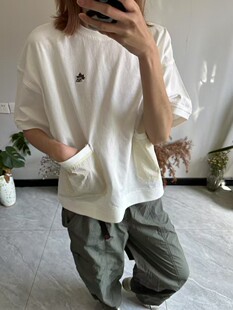 日系复古户外机能风口袋刺绣宽松休闲圆领短袖T恤女款打底衫