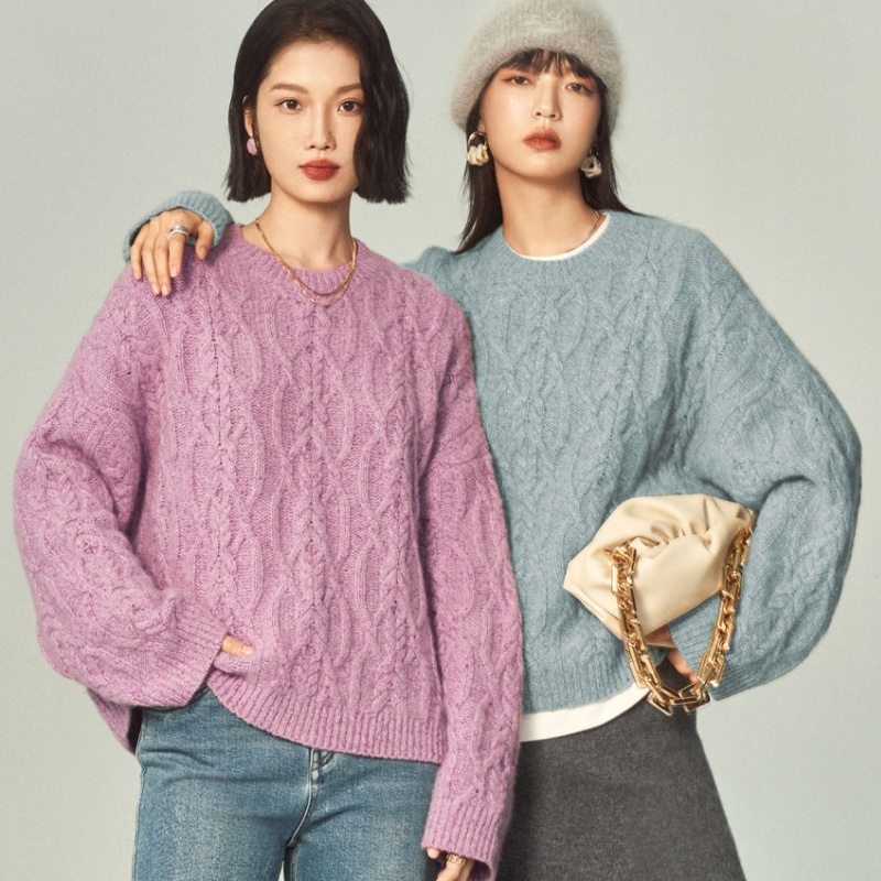 臻选~梦幻浮霜彩点I00%纯羊绒衫女圆领绞花针织宽松加厚套头毛衣