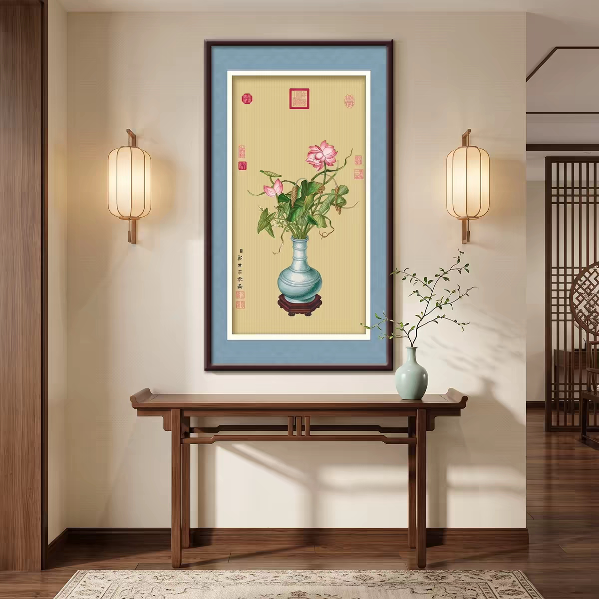 2026新款KS十字绣郎世宁荷花工笔画玄关挂画池莲双瑞图新中式风格