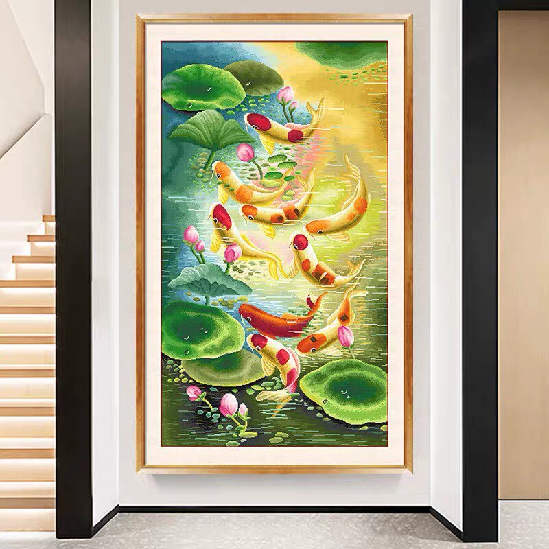 ks十字绣2023新款简约客厅玄关竖版荷香九鱼图简单小件线绣自己绣