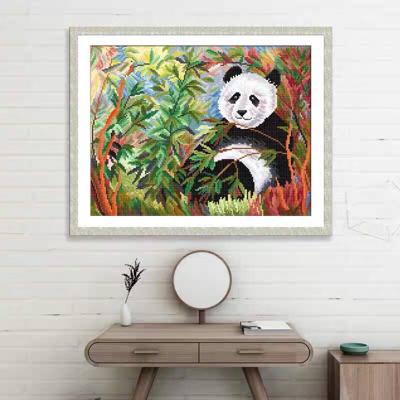 KS十字绣新款线绣可爱大熊猫动物卡通客厅画14ct小格满绣悠然自得