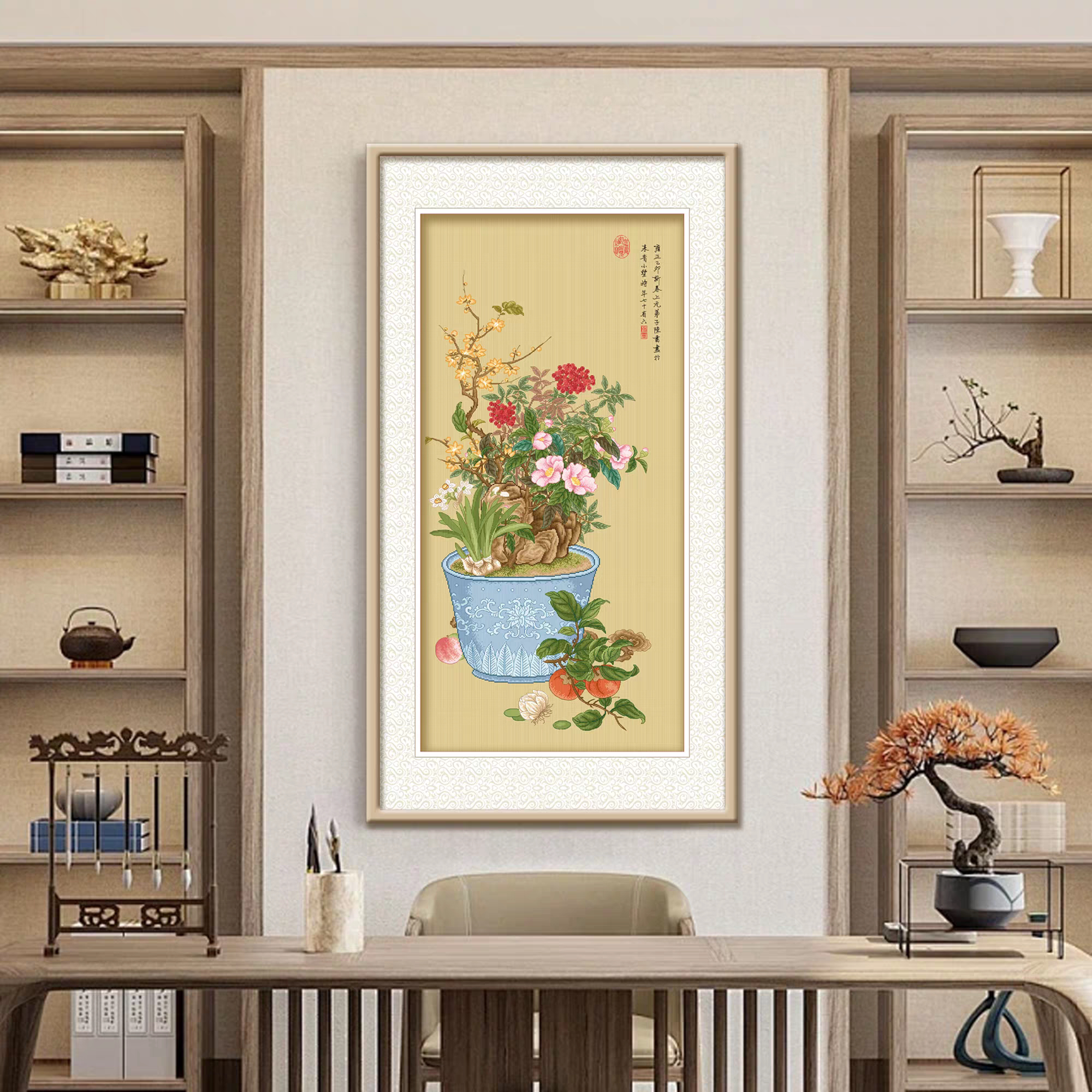 KS十字绣岁朝丽景竖版玄关挂画 新中式清供富贵花卉手工线绣客厅