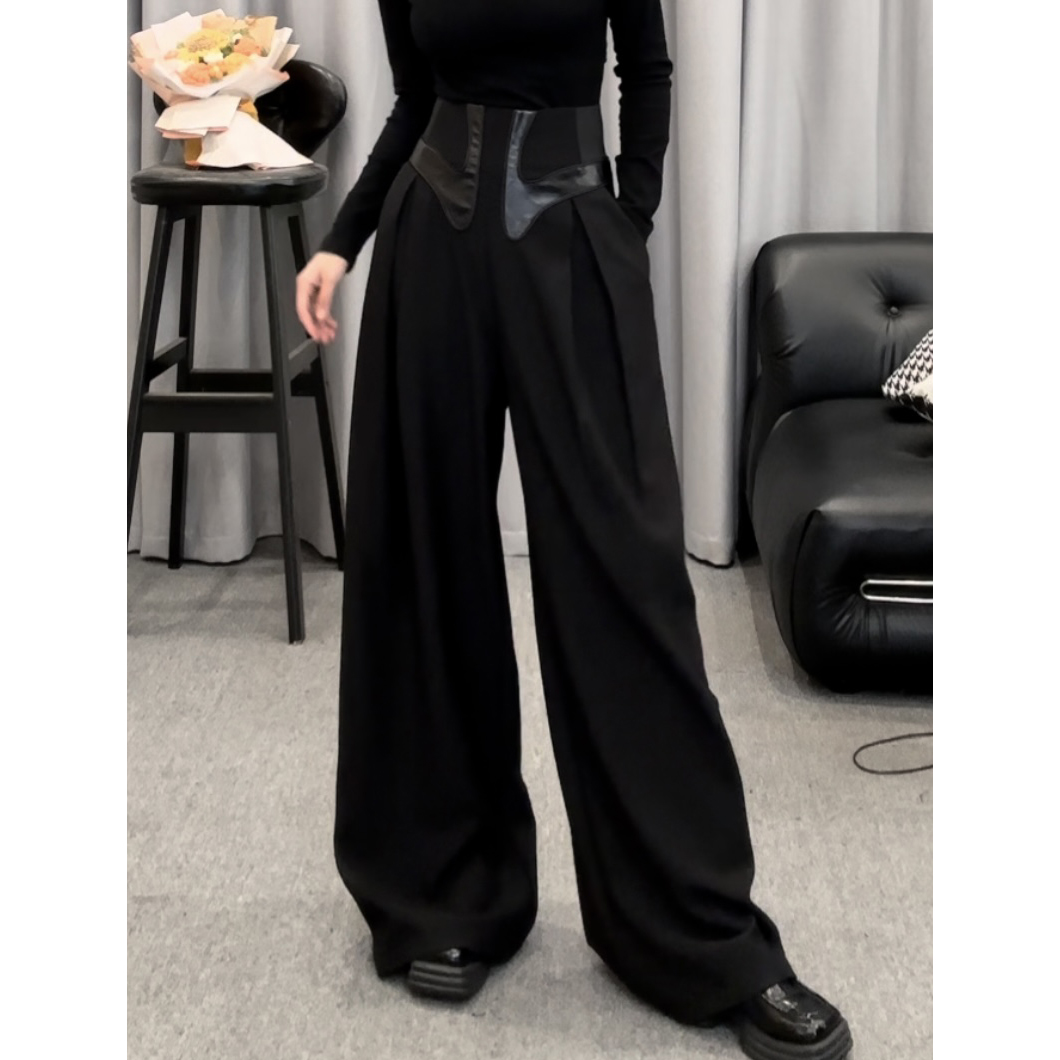 D6526黑色西装阔腿裤女秋季束腰拼皮高腰气质休闲裤垂感拖地裤