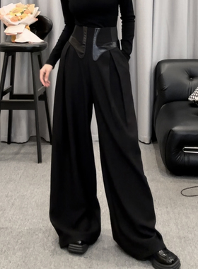 D6526黑色西装阔腿裤女秋季束腰拼皮高腰气质休闲裤垂感拖地裤