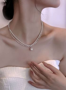 银贝S925纯银施家珍珠双层碎银子项链叠戴时尚款轻奢高级感锁骨链