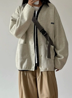 日系灰色卫衣无帽女复古慵懒风v领长袖夹克外套薄款外搭开衫上衣