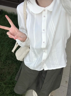 日系文艺娃娃领衬衫女春秋装设计感小众气质上衣休闲百搭白色衬衣