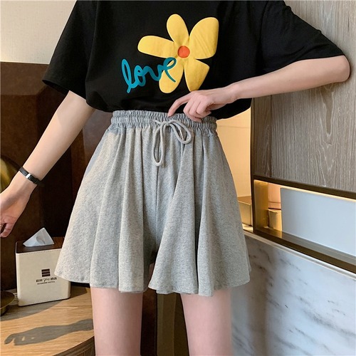 6535 cotton  new style high waist drawstring casual a line wide leg shorts for women trendy