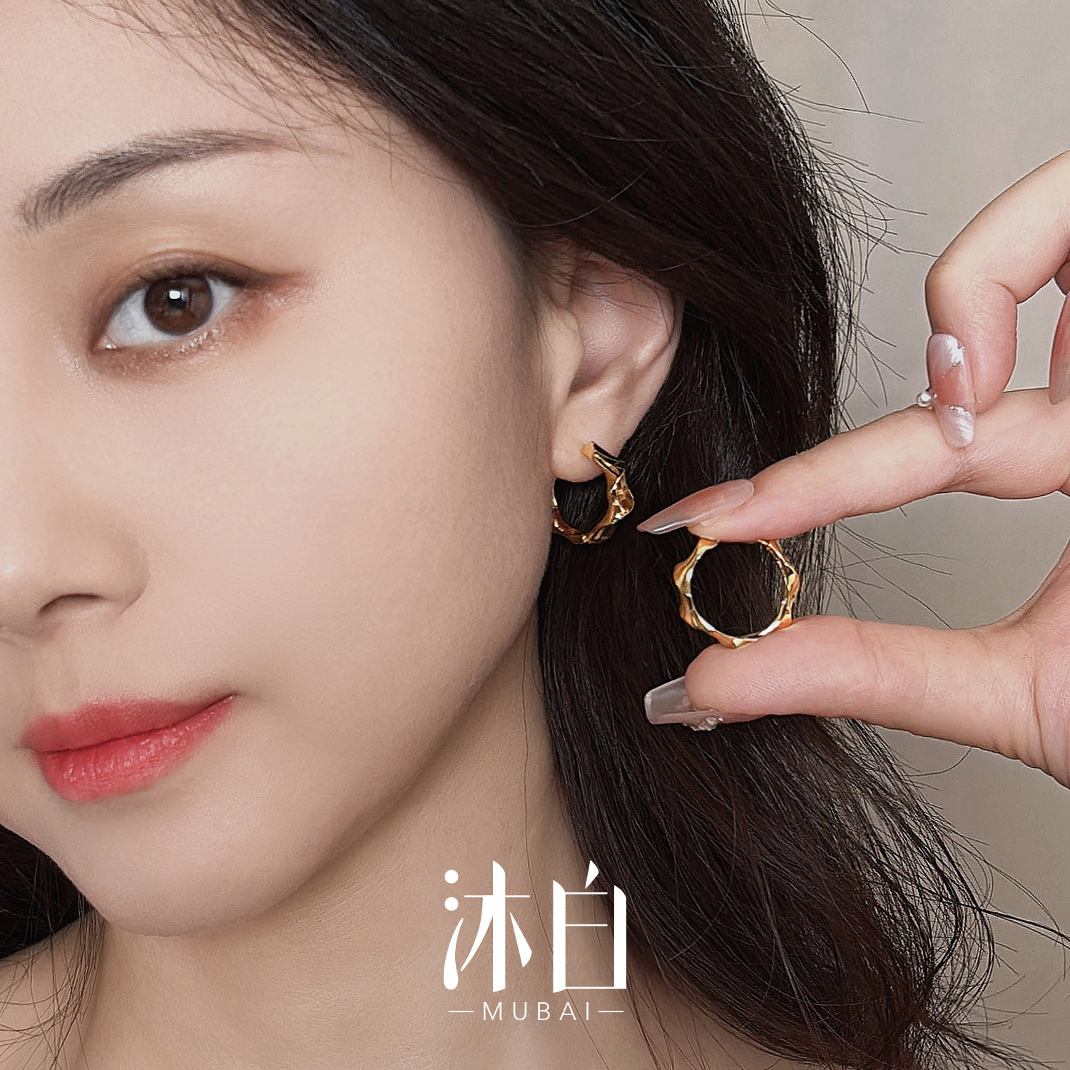 沐白MU不规则金色圆圈素圈925纯银耳环耳饰车花耳圈新款高级精致