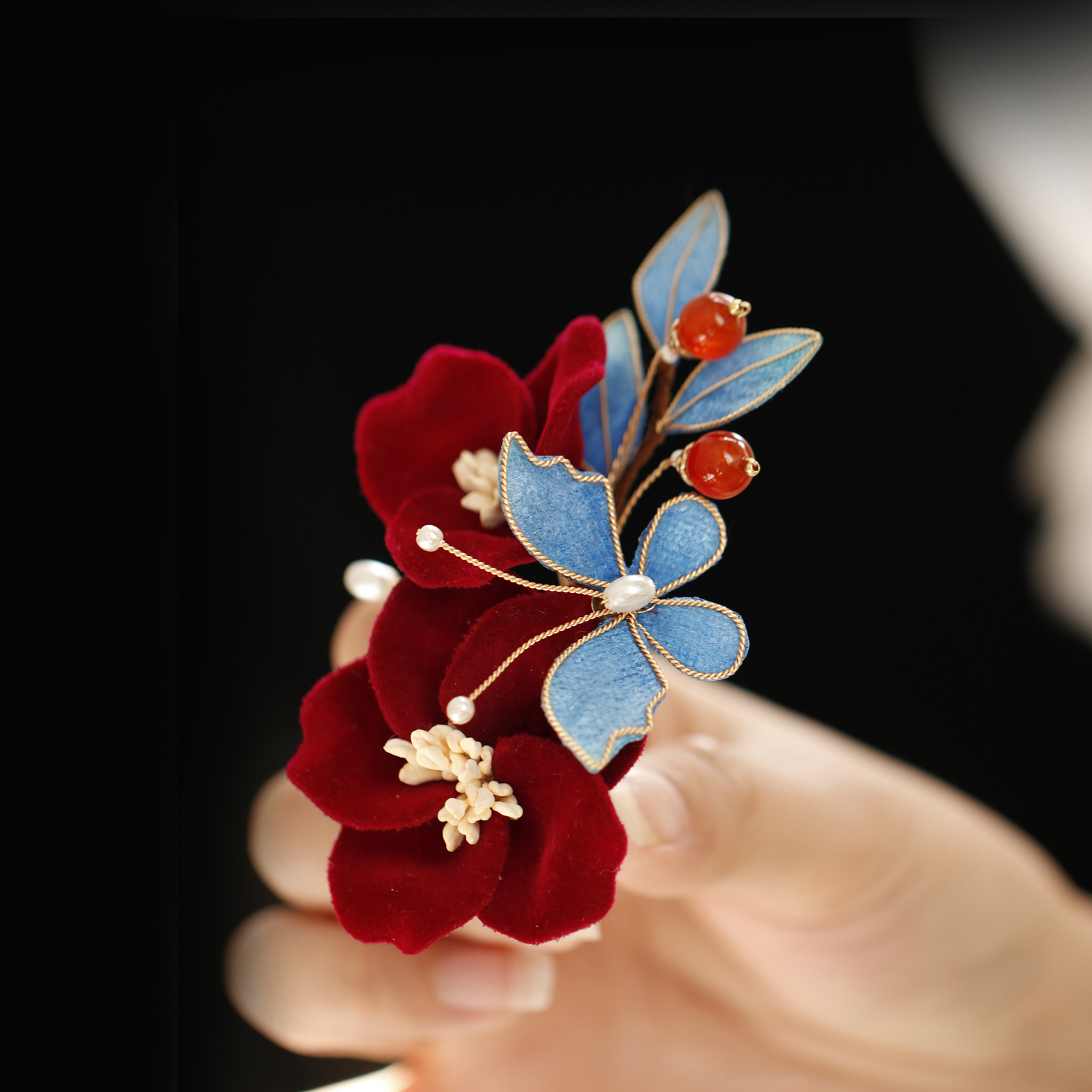 新中式红色复古红植绒发夹