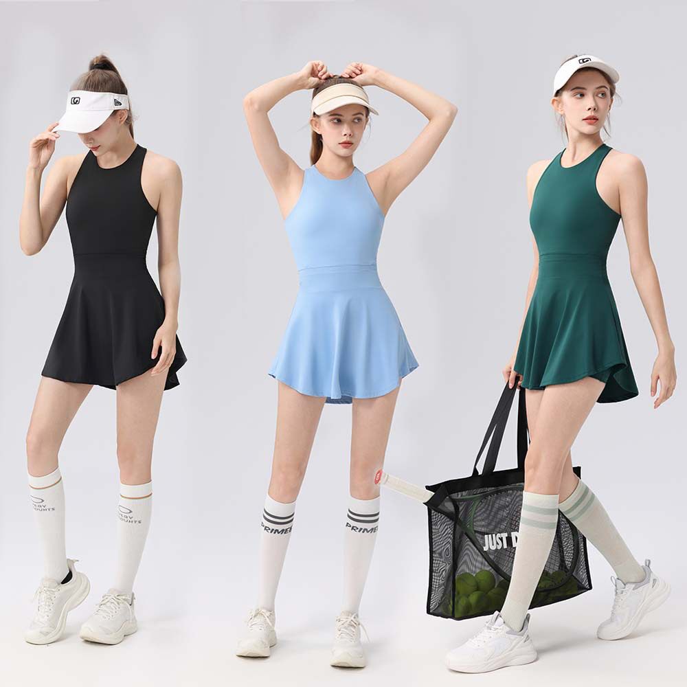 无袖网球裙紧身衣女士夏季瑜伽服跑步防走光羽毛球运动背心连衣裙