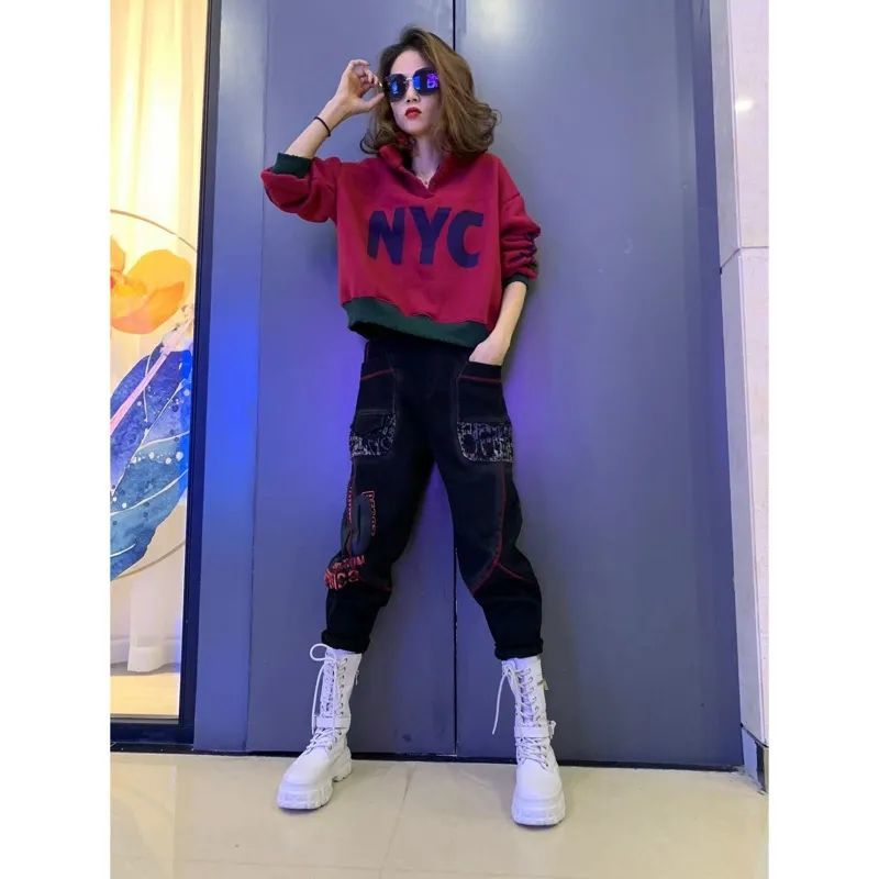 欧货2025春冬新款宽松加绒加厚印花卫衣女个性时尚拼接哈伦裤套装