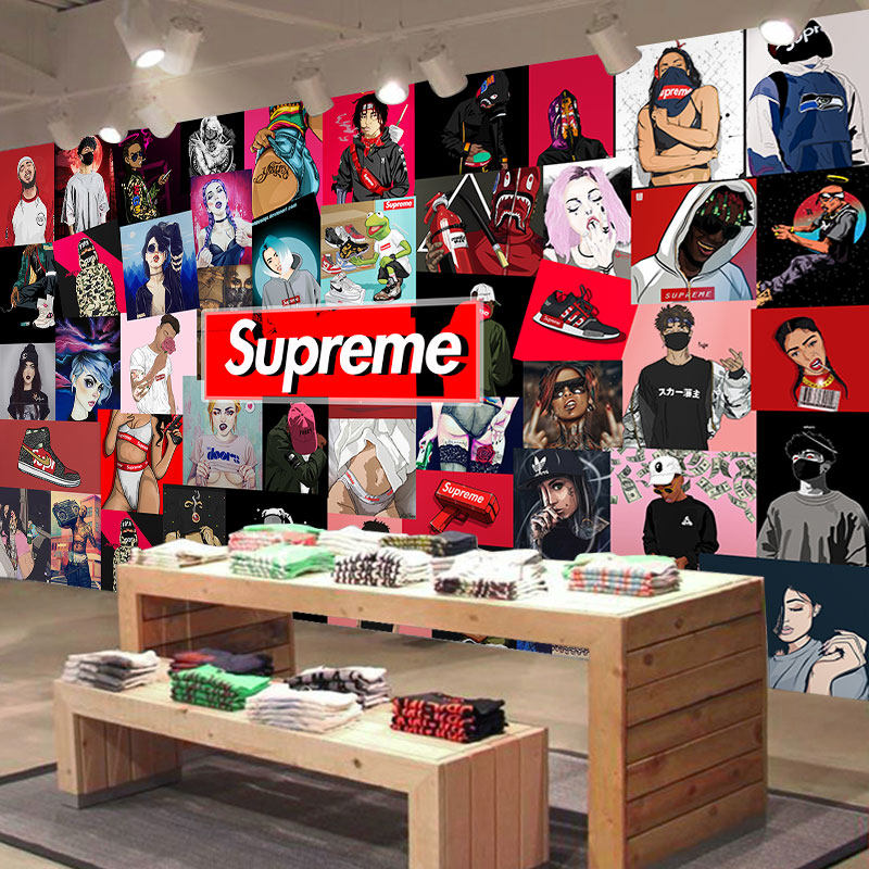 潮牌supreme墙纸潮流嘻哈欧美风格壁画酒吧美发店服装店装修壁纸