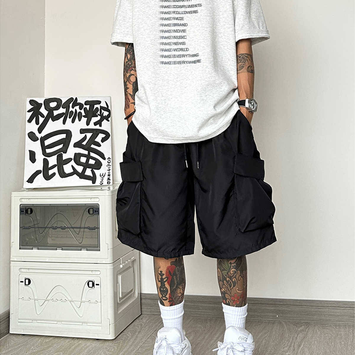 工装短裤男夏季薄款潮牌休闲机能中裤日系学院风宽松大口袋五分裤