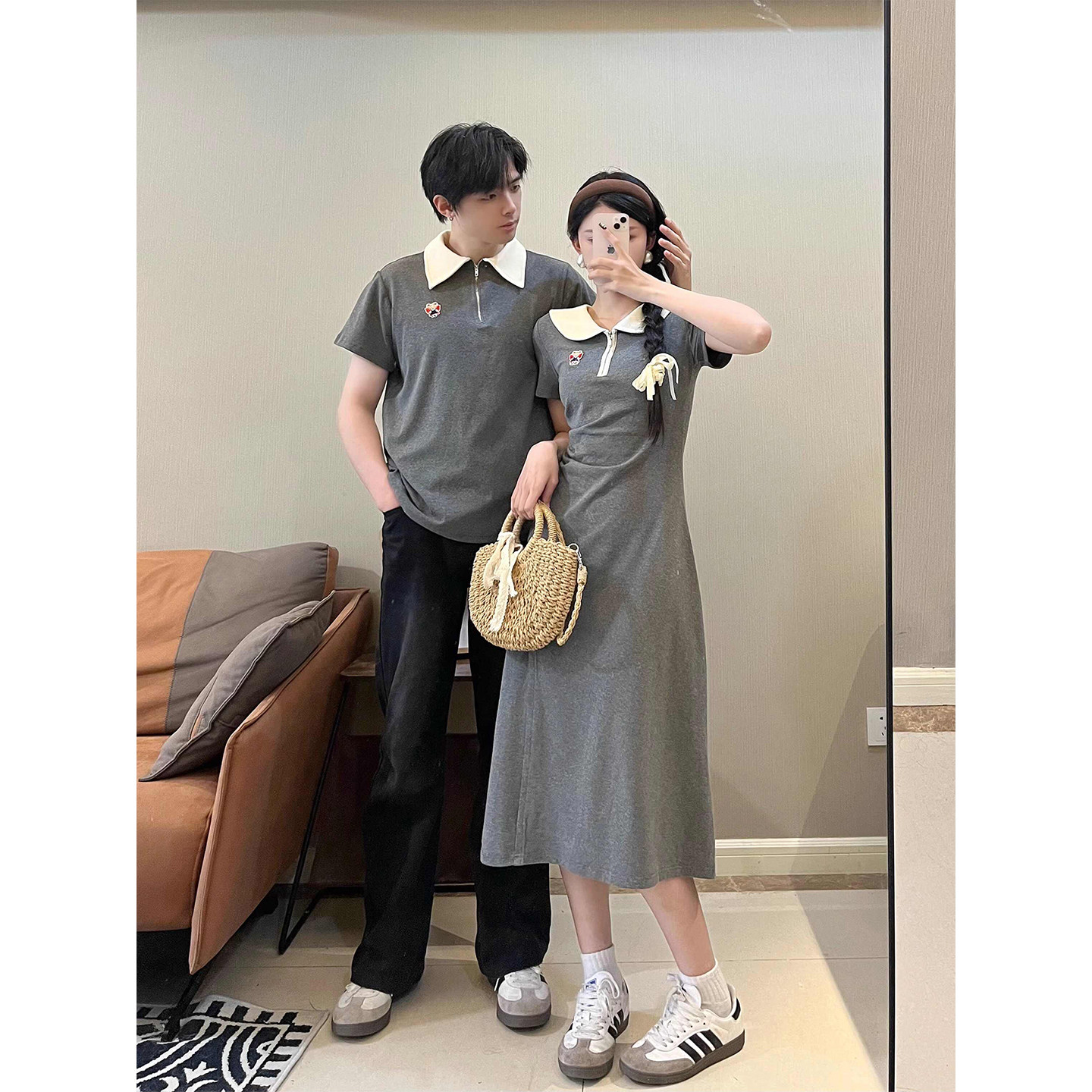情侣装夏季polo短袖T恤男修身显瘦长裙女法式气质连衣裙一衣一裙