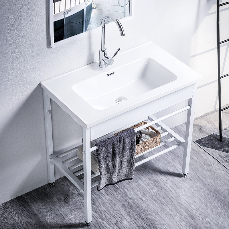 白色落地式洗手台盆 卫生间免打孔陶瓷洗手盆架组合一体阳台脸盆