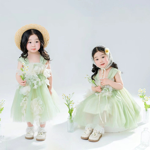 7岁儿童摄影服装 影楼拍照清新长款 女孩公主裙5 2024新款 绿色纱裙