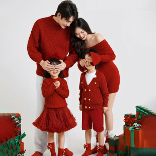 影楼拍照红色过年亲子装一家三口四口毛衣拜年服母女装裙子母子装