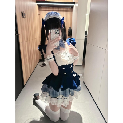夏季日系甜辣cos可爱女仆装一字肩衬衣撞色拼接蓬蓬裙背带裙套装