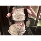 两件套新款 甜辣妹可爱风拼接花边挂脖无袖 上衣蝴蝶结蛋糕蓬蓬裙裤