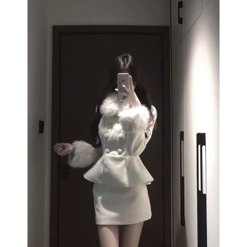 秋冬高级感千金感白色毛呢套装双排扣收腰外套半身裙时尚两件套女,女装/女士精品,时尚套装,淘宝优惠券,粉丝福利购,淘宝优惠卷