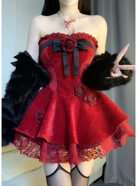 甜辣富家千金公主风红色氛围感圣诞穿搭拼接蕾丝抹胸裙外套两件套