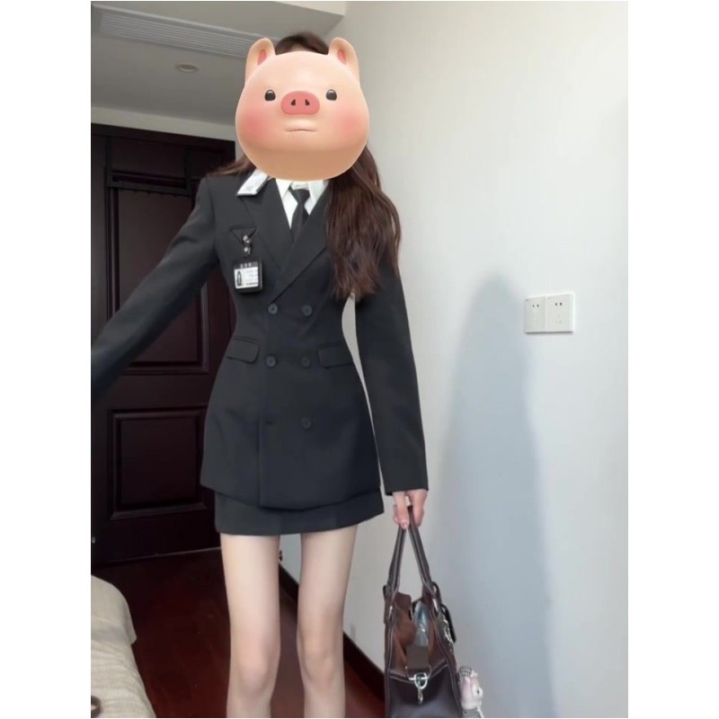 韩版学院风jk制服西服裙套装黑色高级感西装外套白色衬衣高腰短裙