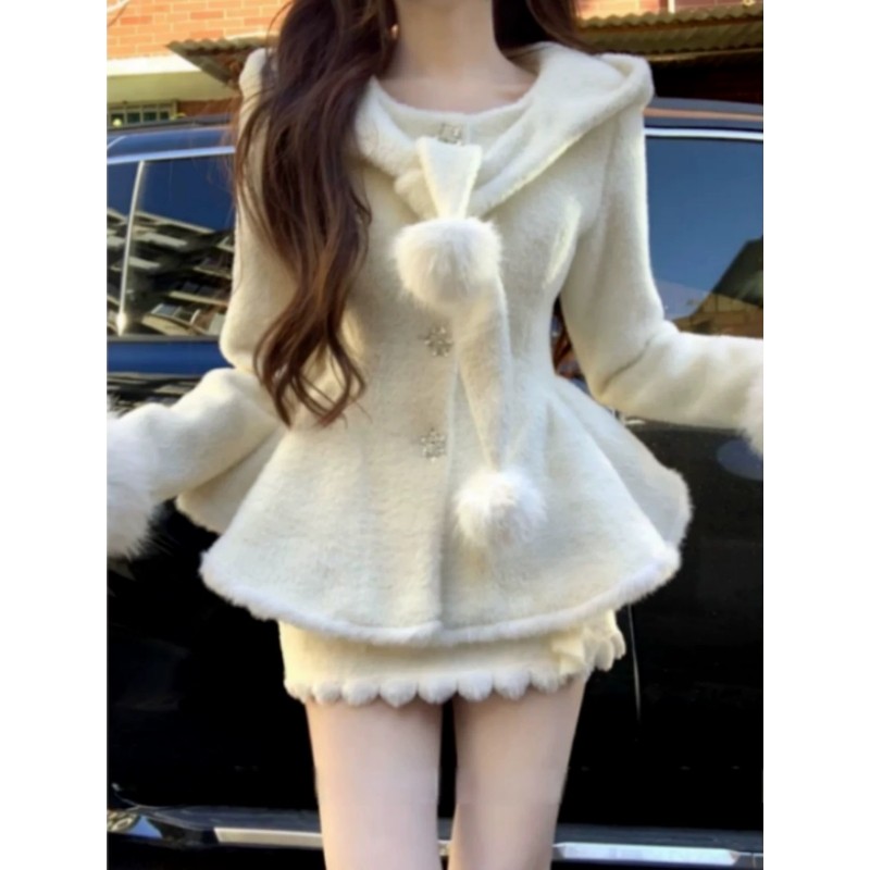 法式温柔风巨好看呢子套装连帽拼接毛绒收腰显瘦外套半身裙两件套,女装/女士精品,时尚套装,淘宝优惠券,粉丝福利购,淘宝优惠卷