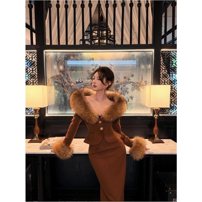 冬季优雅风复古时髦中长裙套装