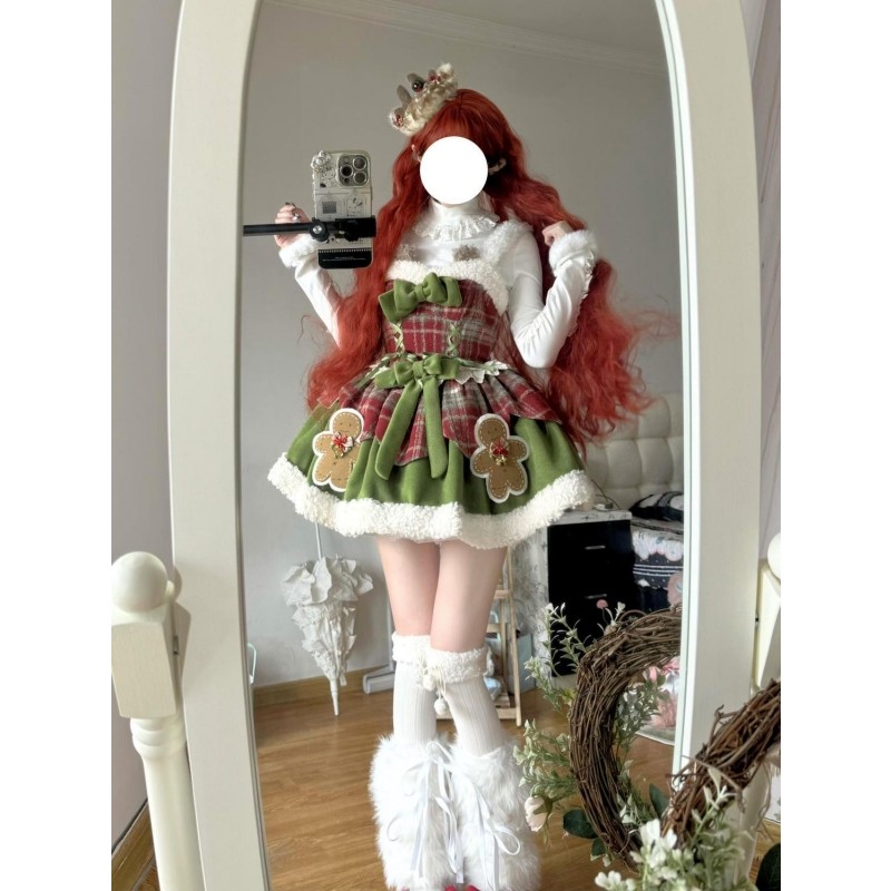 秋冬可爱洛丽塔Lolita裙圣诞节羊毛羔拼接斗篷外套上衣蓬蓬裙套装