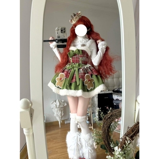 秋冬可爱洛丽塔Lolita裙圣诞节羊毛羔拼接斗篷外套上衣蓬蓬裙套装