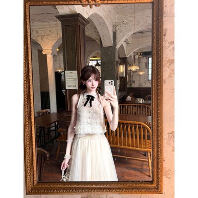 夏季新款法式甜美气质高级感蝴蝶结上衣搭配高腰网纱长裙两件套女
