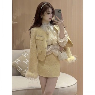 秋冬小个子气质小香风重工拼接流苏毛毛细闪粗花呢外套半身裙套装