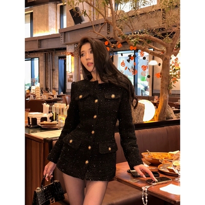 修身小香风黑色气质名媛连衣裙