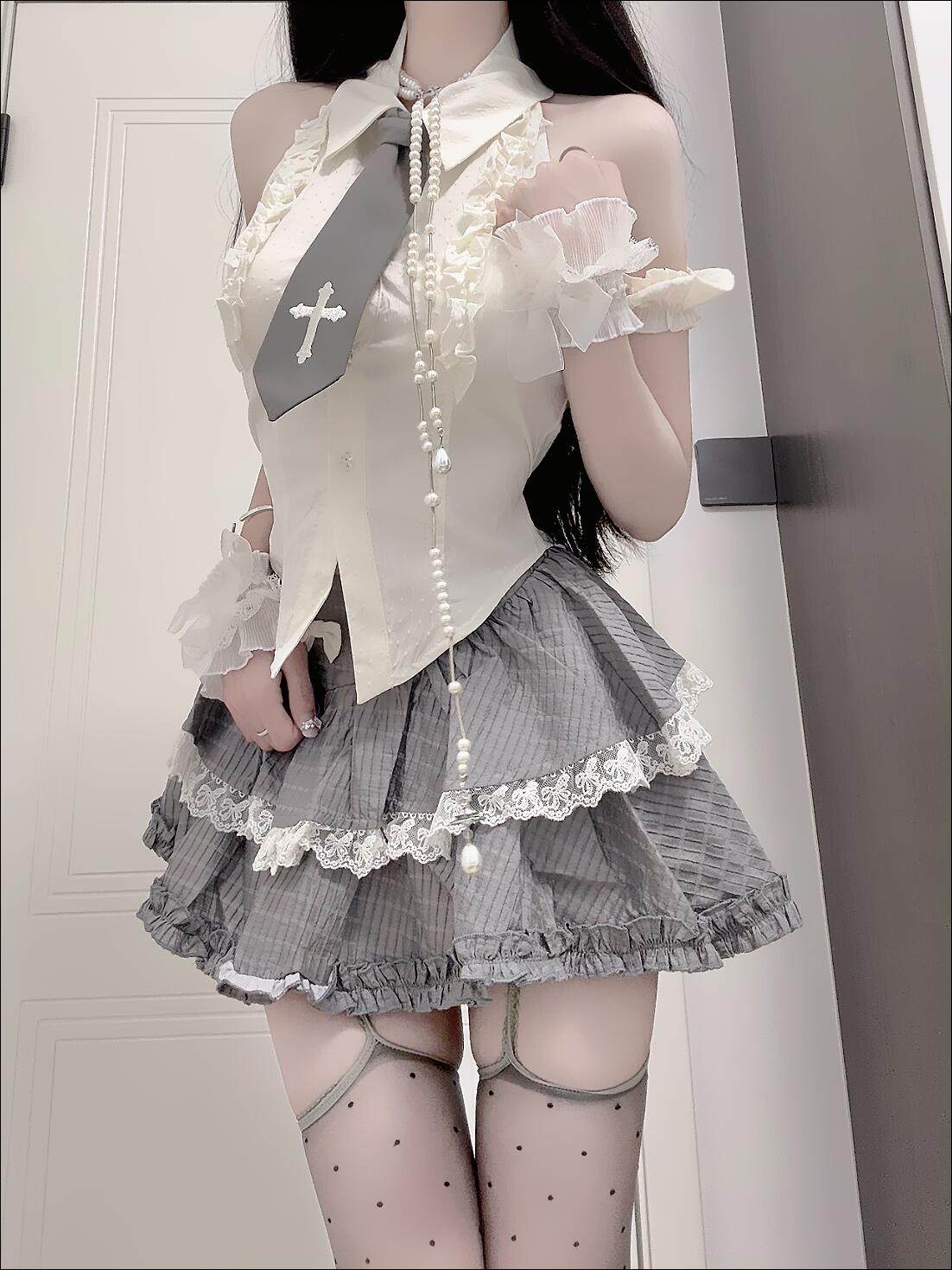 韩系学院风穿搭一整套小个子甜辣制服露肩挂脖衬衫灰色蓬蓬裙套装