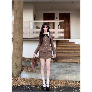 富家千金小香风秋冬复古宫廷风长袖 名媛感半身裙子 外套蝴蝶结衬衫