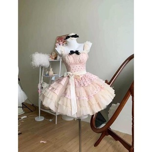 纯欲甜美芭蕾风粉色波点公主裙少女拼接蕾丝蝴蝶结收腰蓬蓬连衣裙