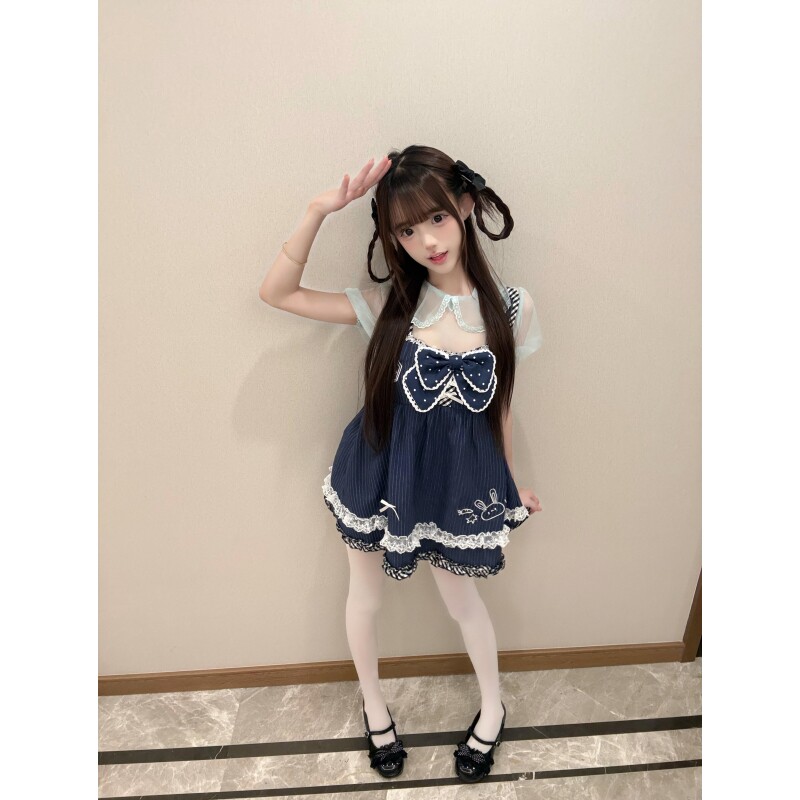 可爱甜妹娃娃裙女夏季设计感假两件拼接网纱娃娃领蝴蝶结宽松短裙