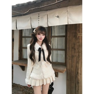 富家千金套装 女秋冬小香风毛领收腰毛呢外套百褶裙新年战袍两件套