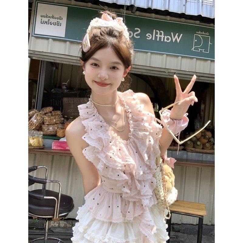 甜美氛围感ins风粉色波点拼接荷叶边挂脖法式背心上衣蓬蓬蛋糕裙,女装/女士精品,时尚套装,淘宝优惠券,粉丝福利购,淘宝优惠卷