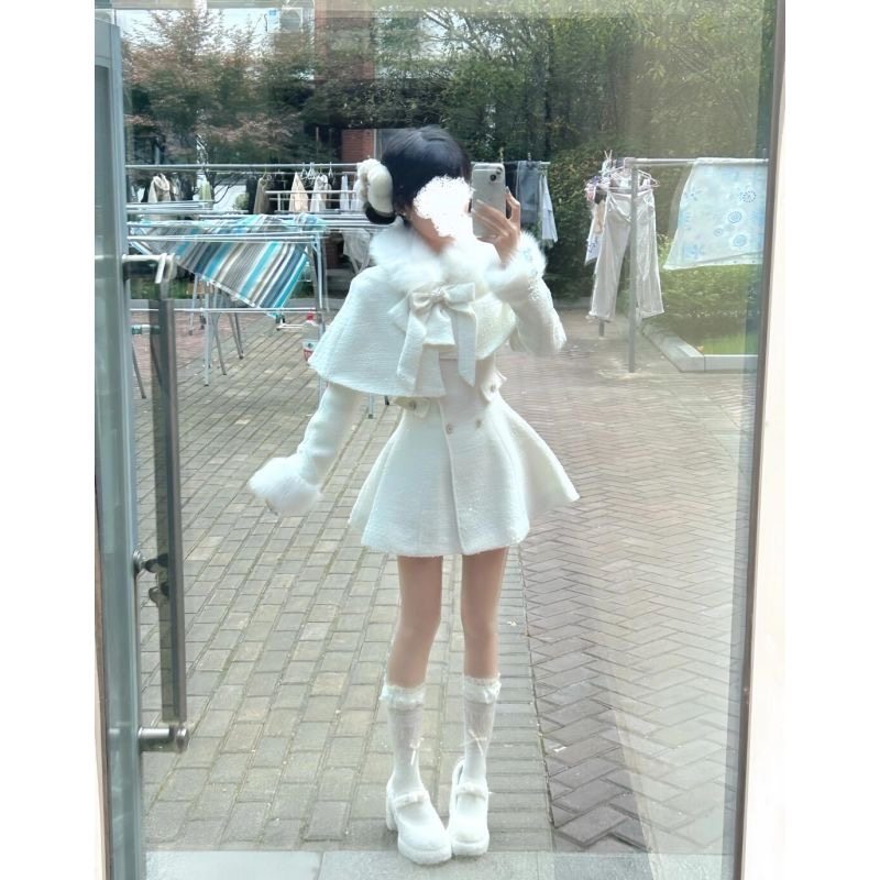 富家留洋千金白色小香风套装女秋冬蝴蝶结斗篷外套连衣裙两件套,女装/女士精品,时尚套装,淘宝优惠券,粉丝福利购,淘宝优惠卷