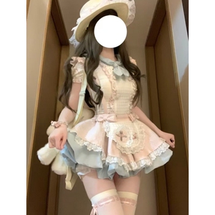 甜美奶油可爱软妹风套装 裙娃娃领上衣粉色蝴蝶结背带蓬蓬裙两件套