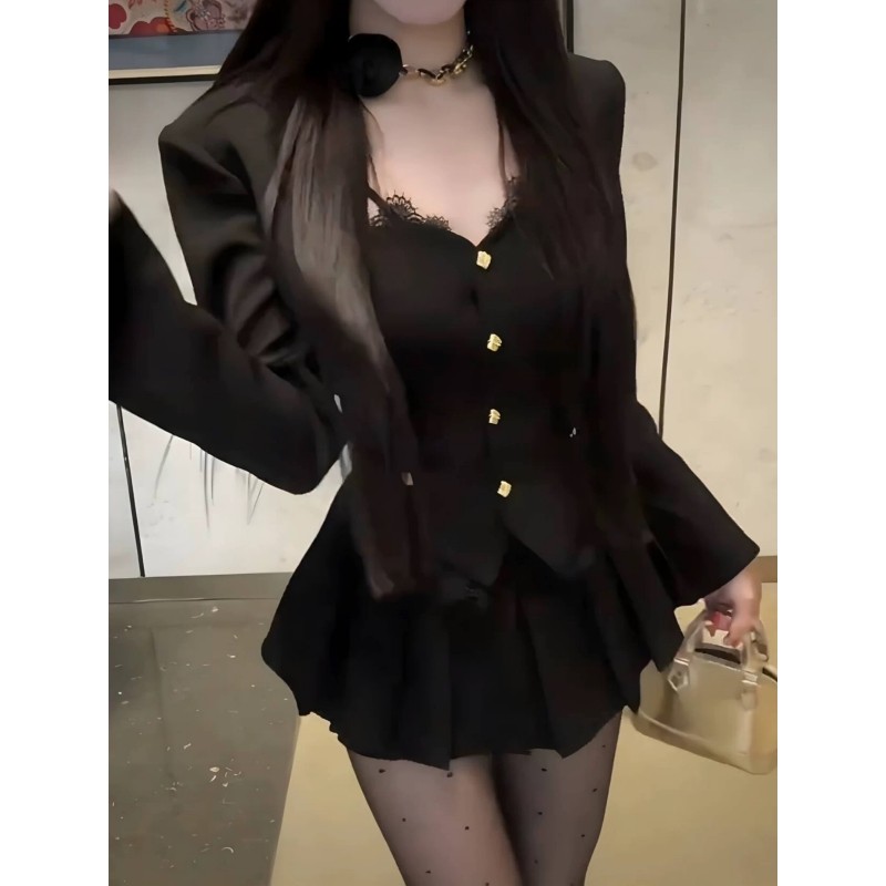法式千金风黑色西装套装女秋季高级感外套蕾丝吊带收腰百褶裙套装,女装/女士精品,时尚套装,淘宝优惠券,粉丝福利购,淘宝优惠卷