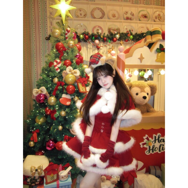 甜美氛围感红色圣诞节穿搭毛领斗篷外套收腰吊带裙蓬蓬裙两件套女