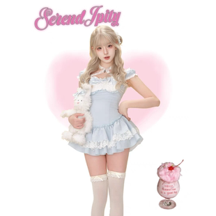 蛋糕裙女 甜美可爱蝴蝶结蓝白挂脖连衣裙收腰蕾丝拼接无袖 夏季 新款