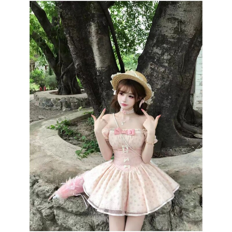 夏季甜美风碎花一字肩连衣裙图片
