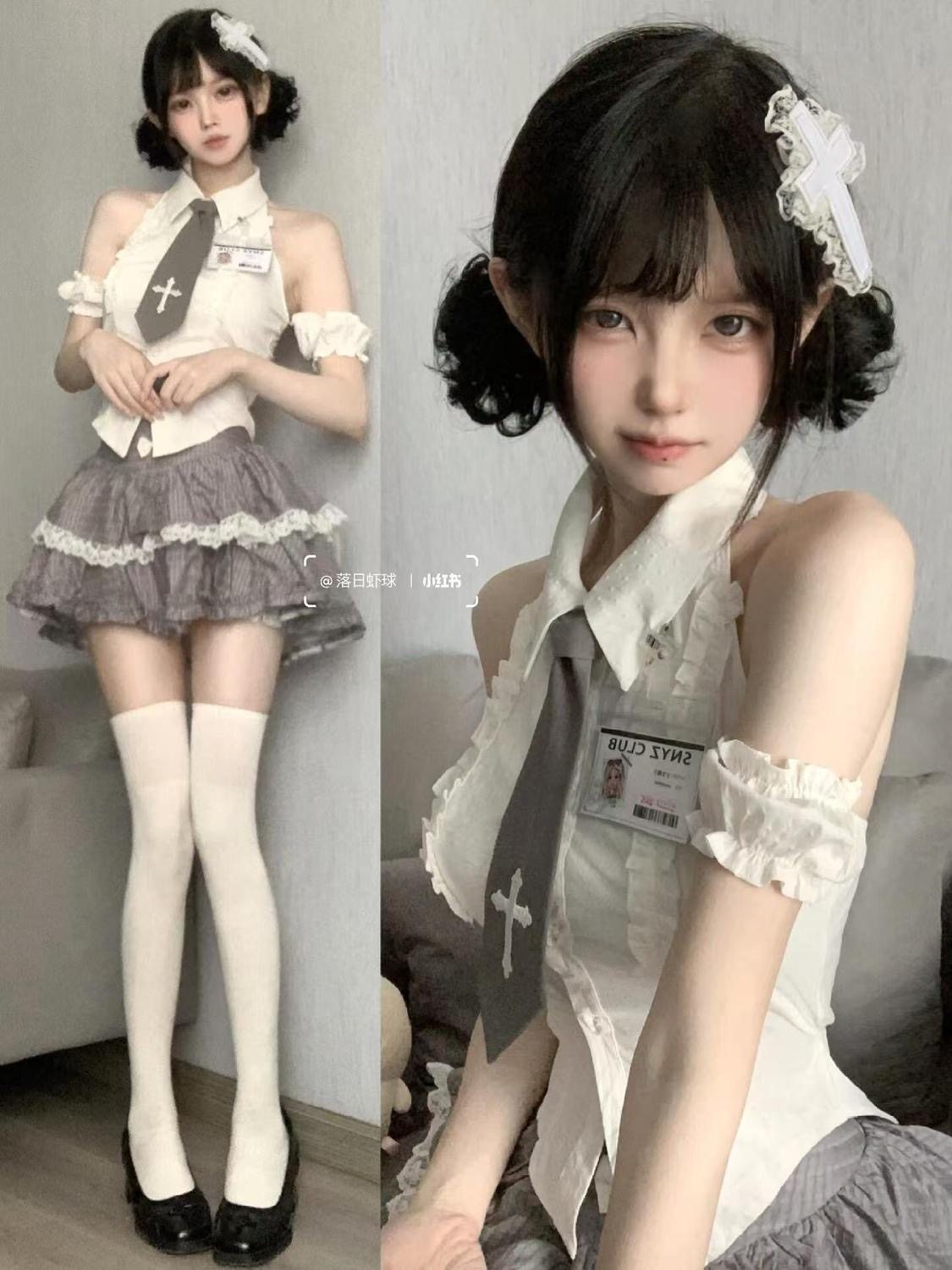 学院风穿搭套装裙甜辣妹设计感小众露肩白色衬衫灰色蓬蓬裙两件套,女装/女士精品,时尚套装,淘宝优惠券,粉丝福利购,淘宝优惠卷