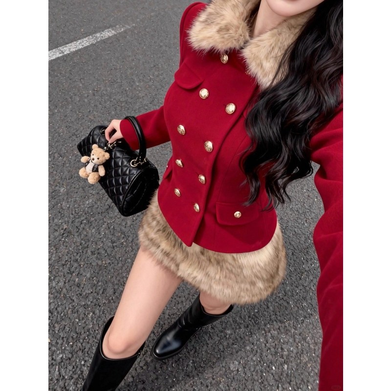 复古红色小香风高级感套装千金感新年战袍毛呢外套半身裙两件套女,女装/女士精品,时尚套装,淘宝优惠券,粉丝福利购,淘宝优惠卷