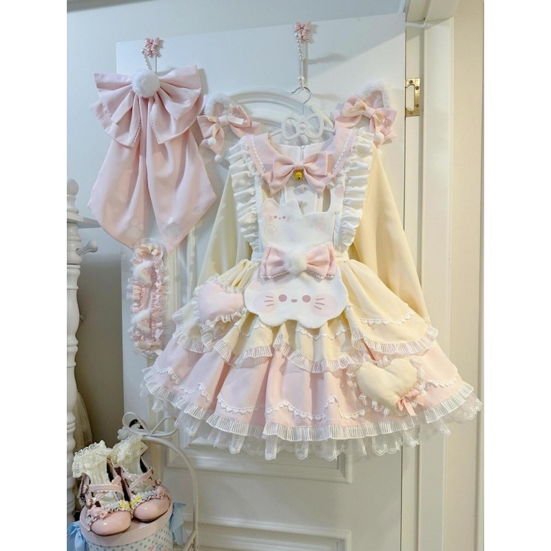 可爱甜美Lolita裙软萌洛丽塔撞色拼接长袖蓬蓬连衣裙猫咪围裙套装